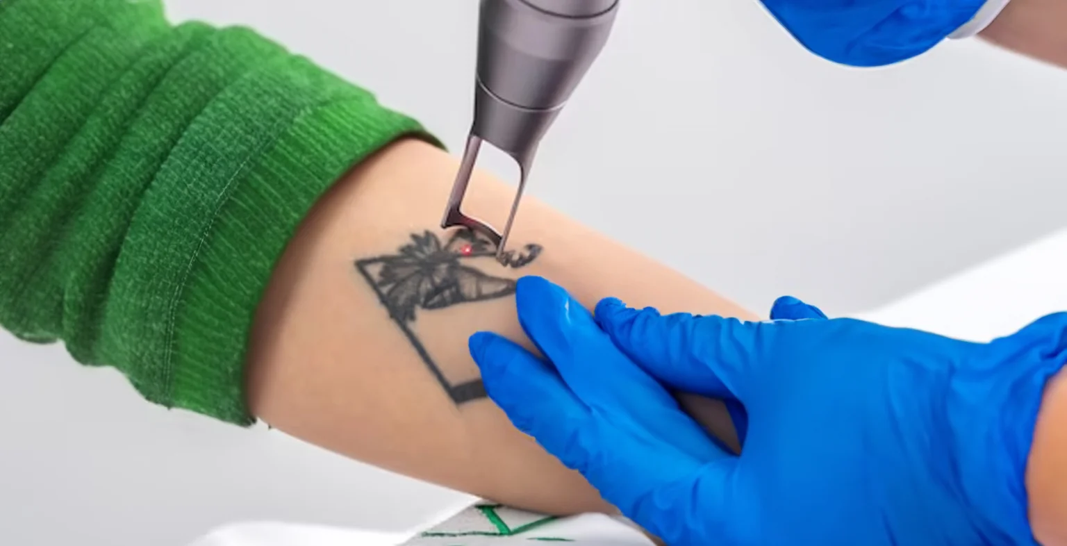 Laser tattoo removal treatment being performed on a patient's arm