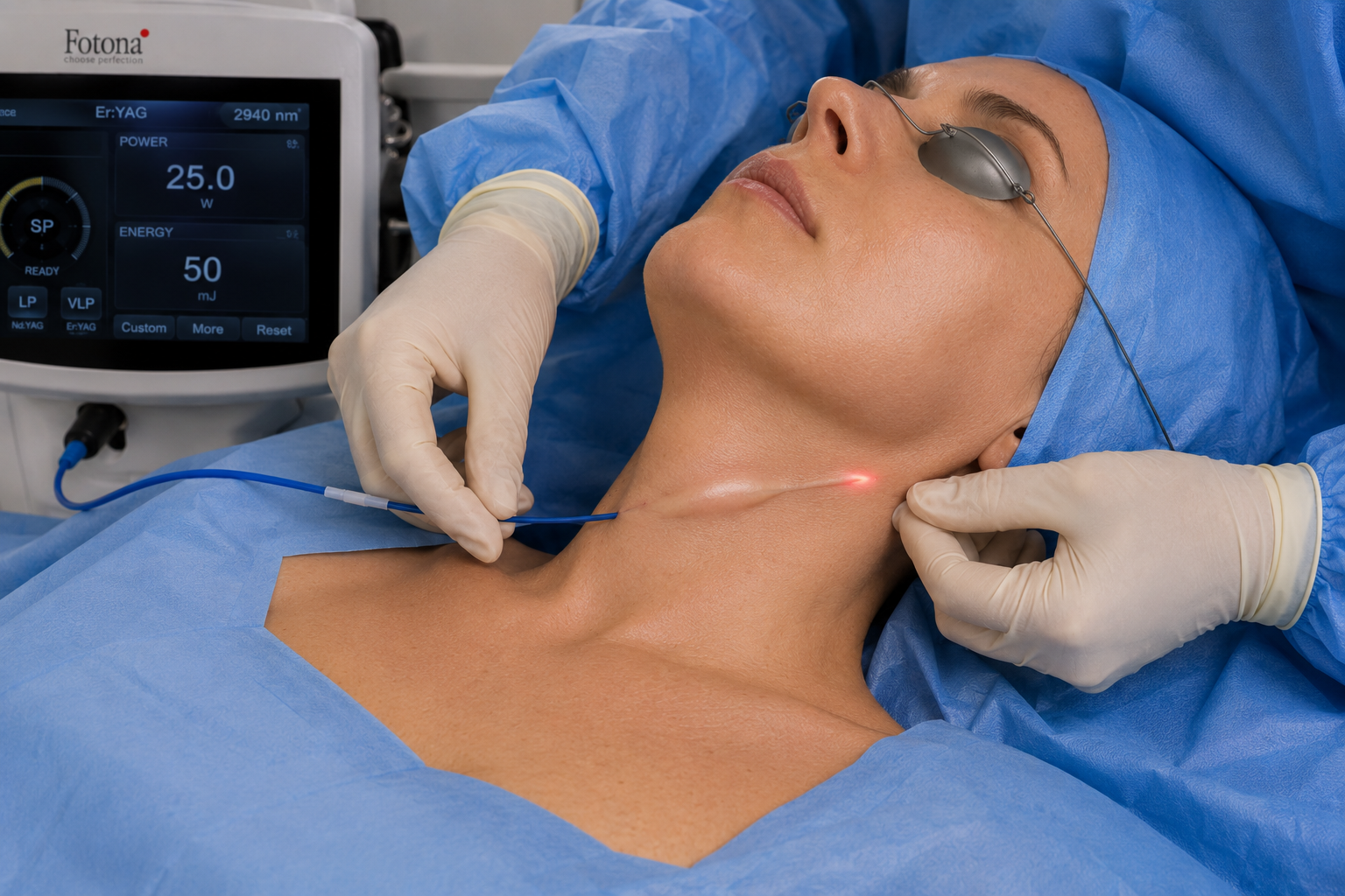 EndoTight laser rejuvenation procedure being performed on a patient's neck