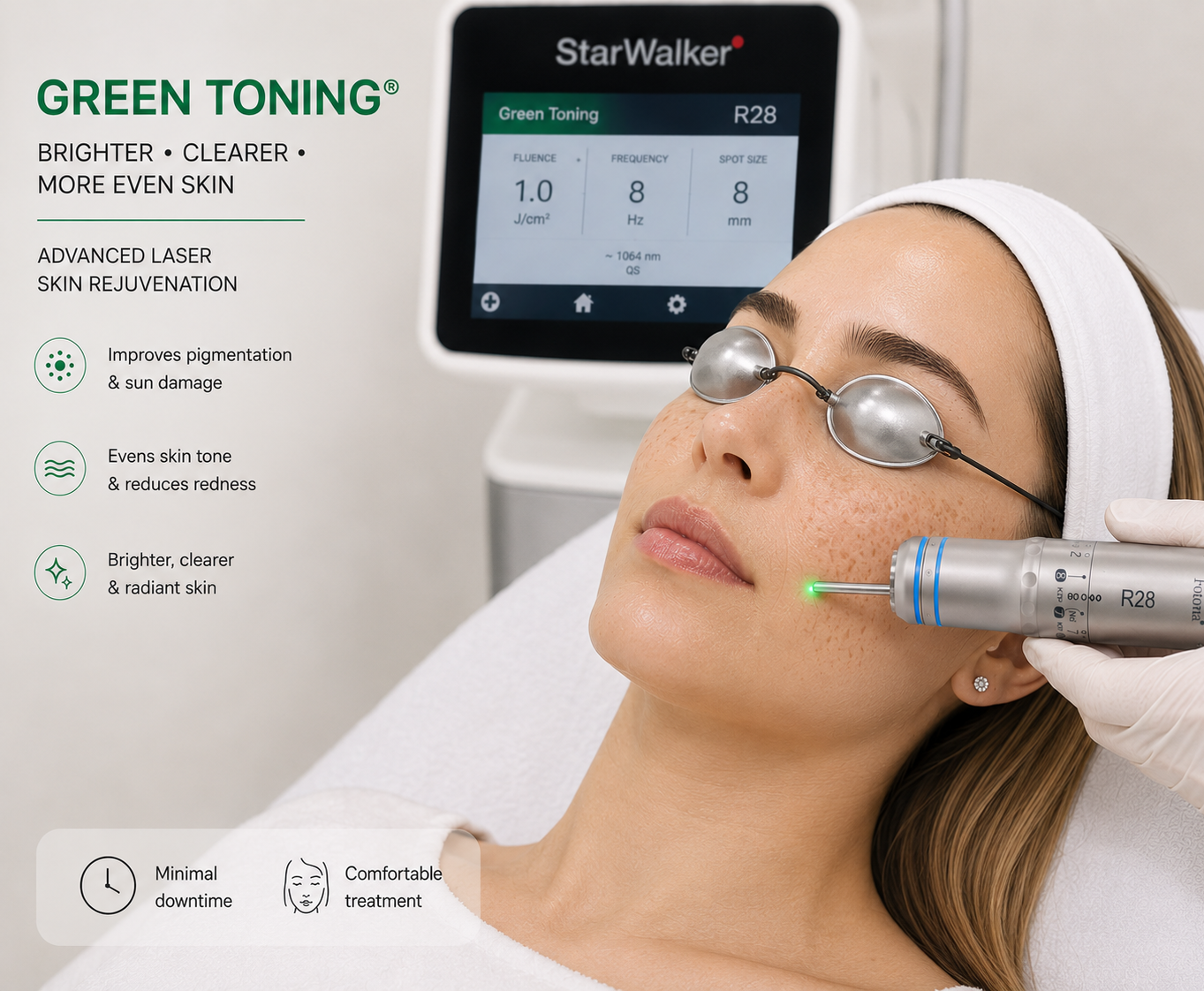 Green Toning laser treatment being performed on a patient, showing the StarWalker device display and treatment benefits